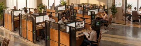 Modern open office featuring WorkNest woodgrain and glass partitions creating individual focus zones with employees working at desks, video calls and collaborative meeting area in background