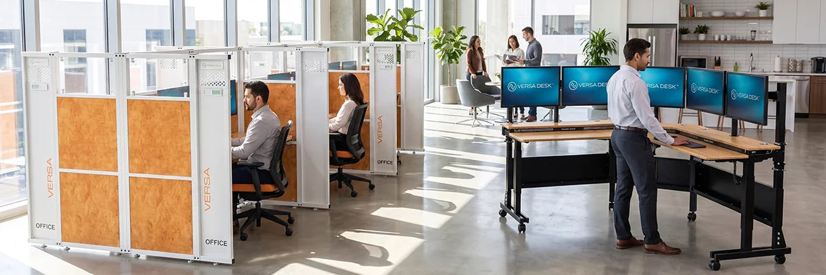 Modern office featuring WorkNest cubicles and VersaDesk standing workstations in collaborative open-plan workspace
