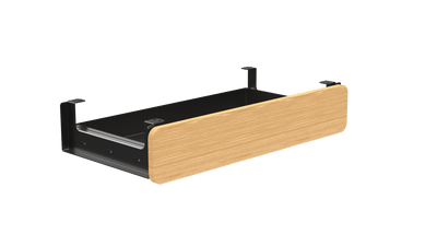3D rendering of a VersaDesk under-desk drawer with a wood front panel and black metal frame, shown at a 45-degree angle