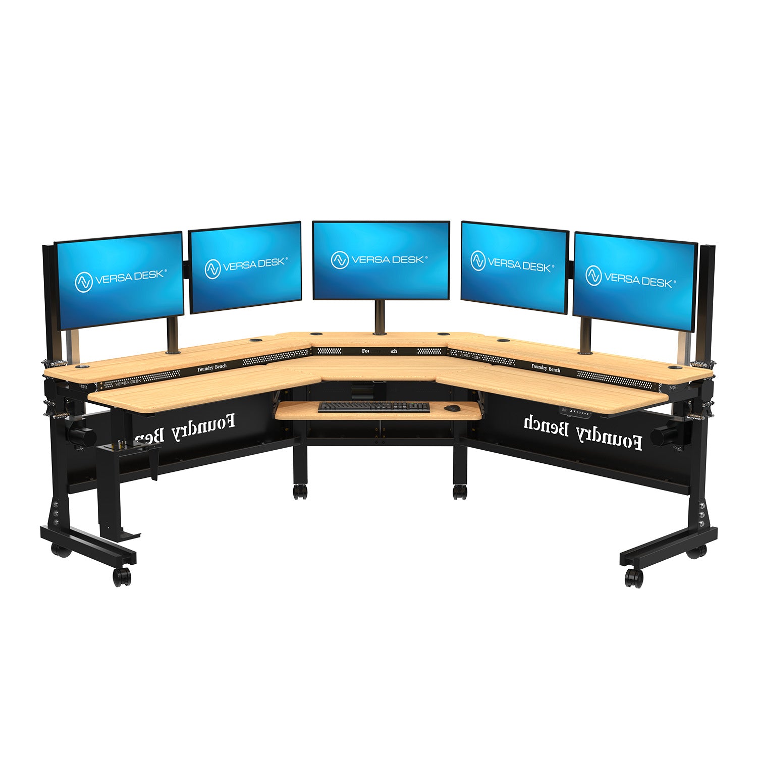 Adjustable corner workspace with organized ergonomic desk configuration