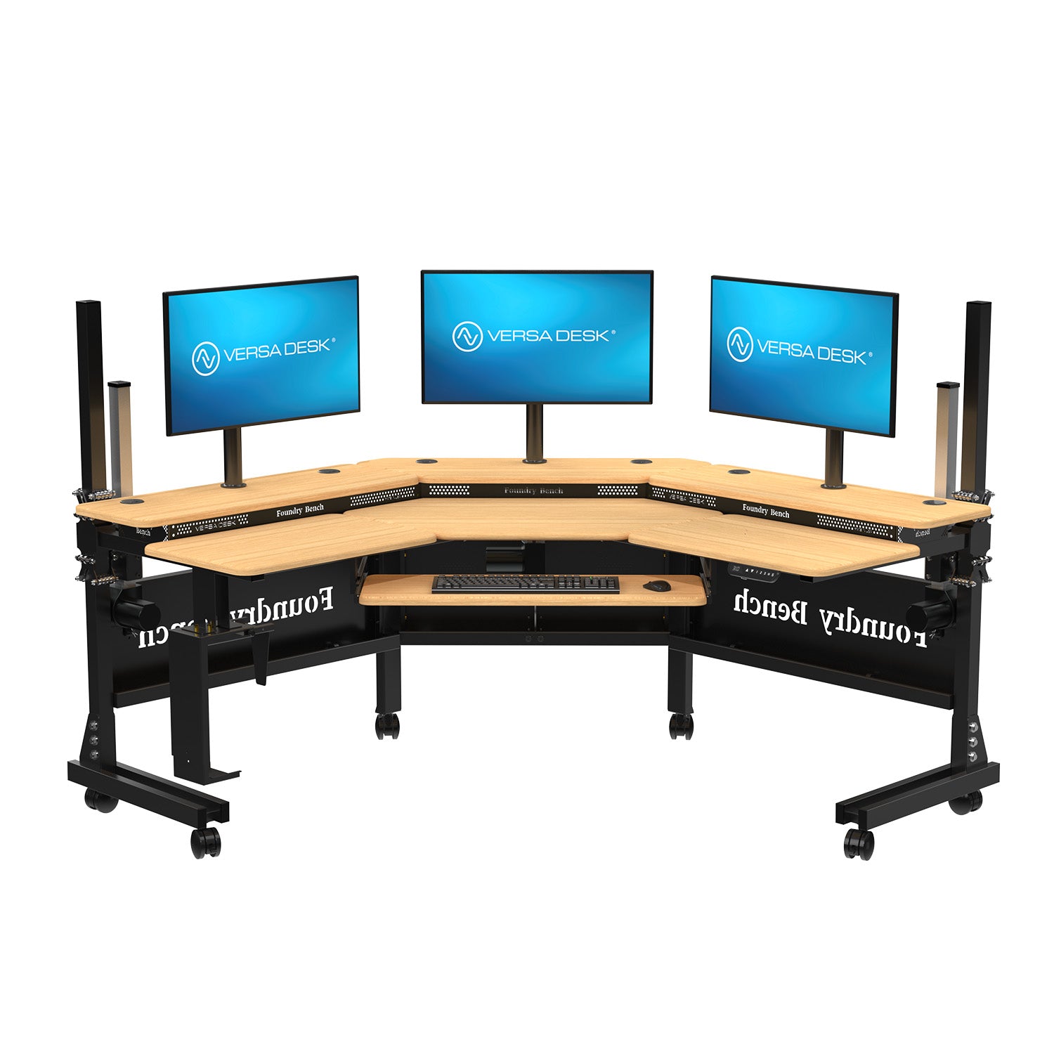 Modern corner workstation with ergonomic monitor desk arrangement