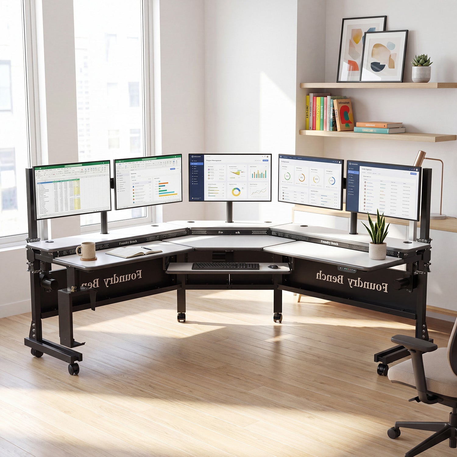 Adjustable corner desk with an organized monitor productivity arrangement