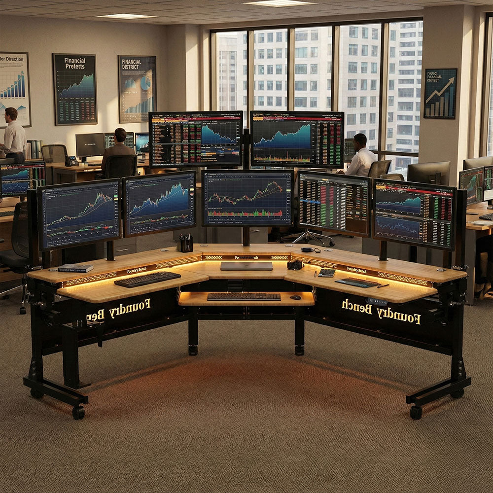 Electric corner workstation with modern ergonomic office productivity layout