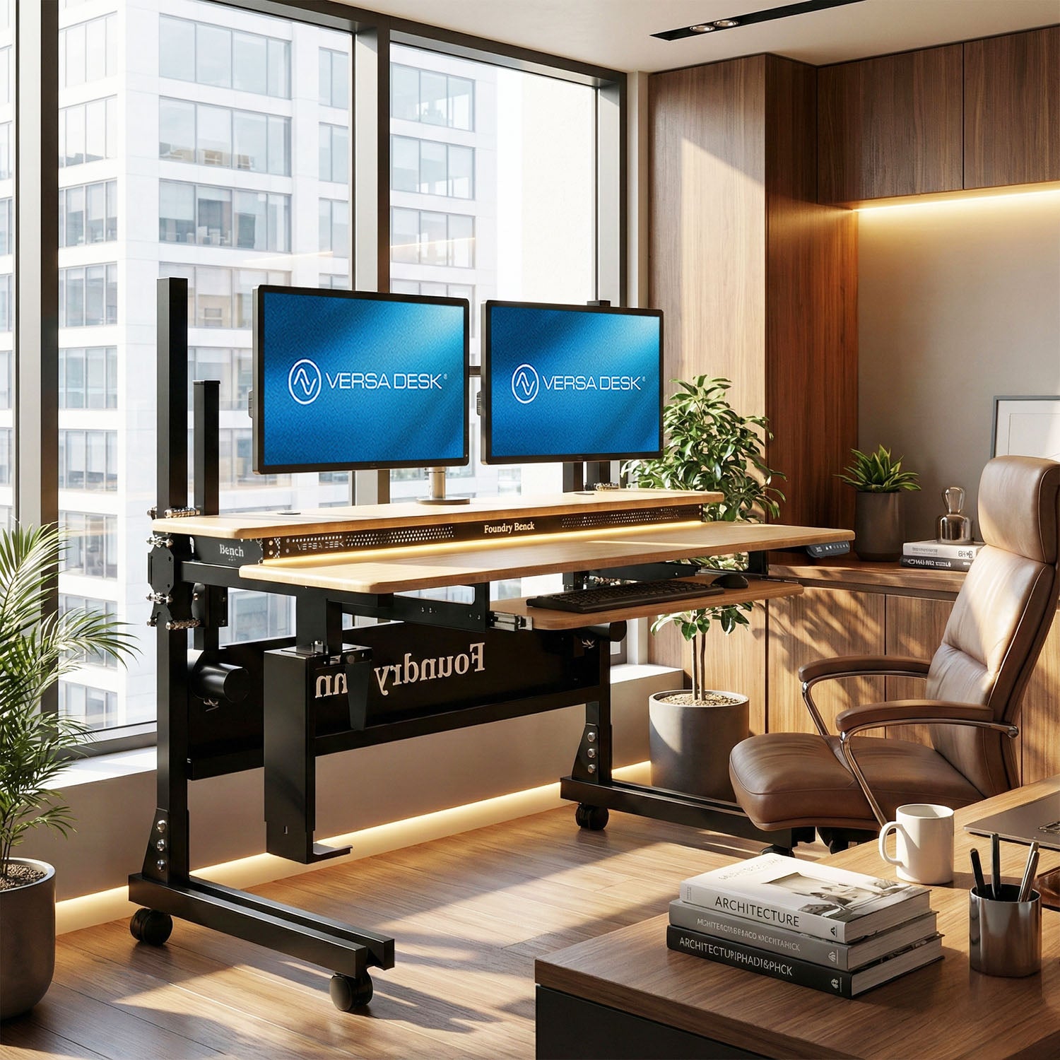 Standing workstation for desk with ergonomic computer productivity setup