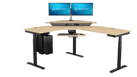 Ergonomic coding workspace with adjustable desk and productivity layout