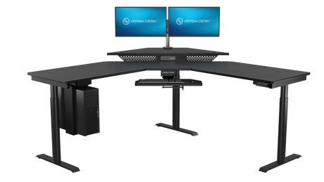 Black L-shaped desk with adjustable height and dual monitor stand on a white background