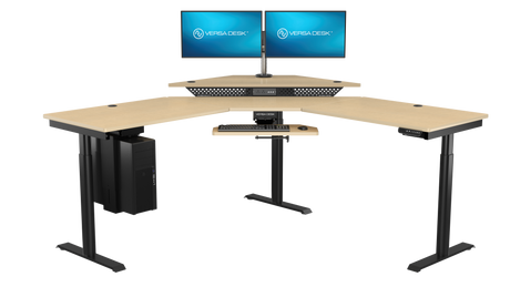 L-shaped desk with adjustable height and dual monitor stand on a white background