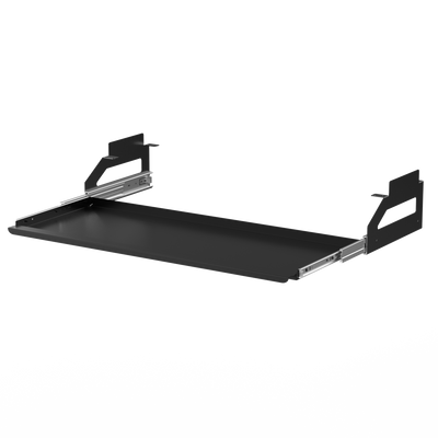 Black articulating keyboard tray with metal slide brackets, shown empty at an angle.
