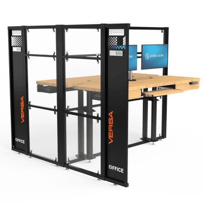 3D render of the VersaDesk WorkNest Cube T-shaped office pod with a wood-top desk, dual monitor mount, and black frame panels branded 'VERSA OFFICE'.