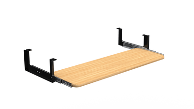 Wood-tone keyboard tray with black metal slide brackets, shown at an angle on a light gray background.