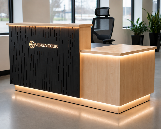 VersaDesk Signature™ Edge Reception Desk - Right Access - Black / White River Forest