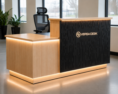 VersaDesk Signature™ Edge Reception Desk - Left Access - Black Metal - Maple  / Maple