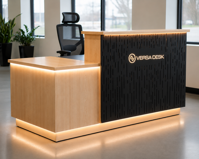 VersaDesk Signature™ Edge Reception Desk - Left Access - Black / White River Forest