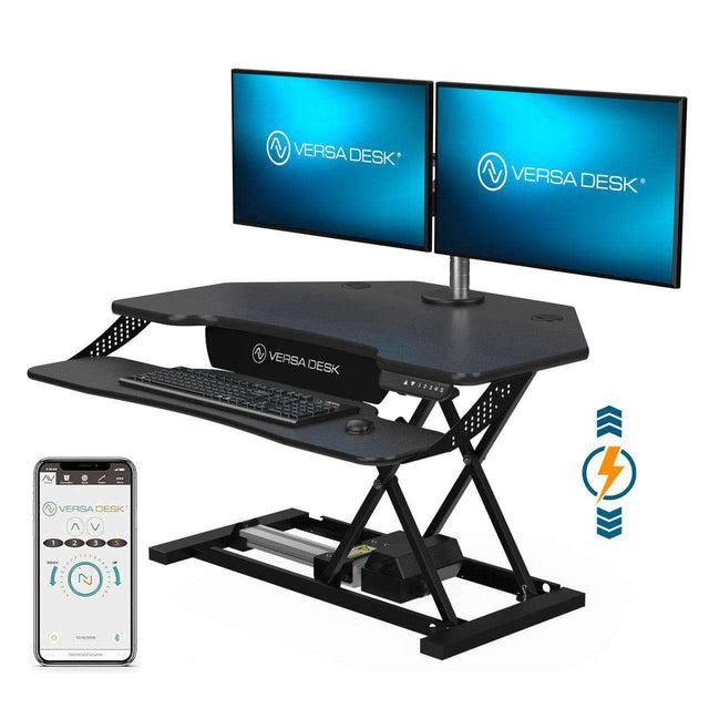 PowerPro® Elite Corner Electric Standing Desk Converter Programmable w/USB Charging Port and Mobile APP - VersaDesk